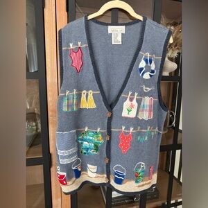 Vintage Mandal Bay Knit Sweater Vest embroidered Beach Nautical Ocean coastal